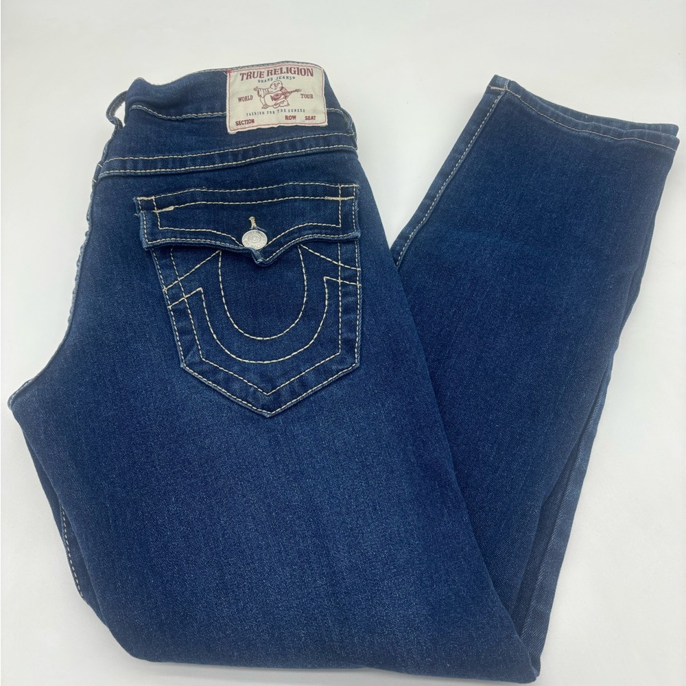NWT True Religion Geno Relaxed Slim Jeans Blue Thick Stitch 30x30 Flap Pockets